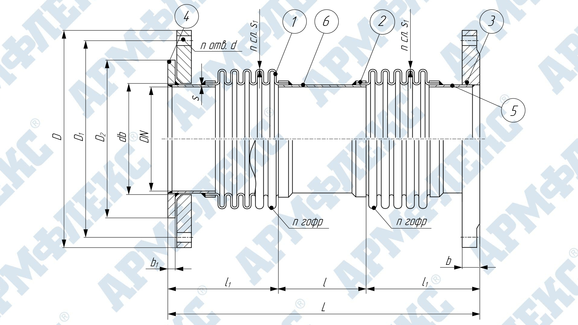 Чертеж компенсатора сильфонного двухсекционного сдвигового с поворотными фланцами на приварном кольце 2КСС ARM Ф, Армфлекс Чертеж компенсатора сильфонного двухсекционного сдвигового с поворотными фланцами на приварном кольце 2КСС ARM Ф, Армфлекс