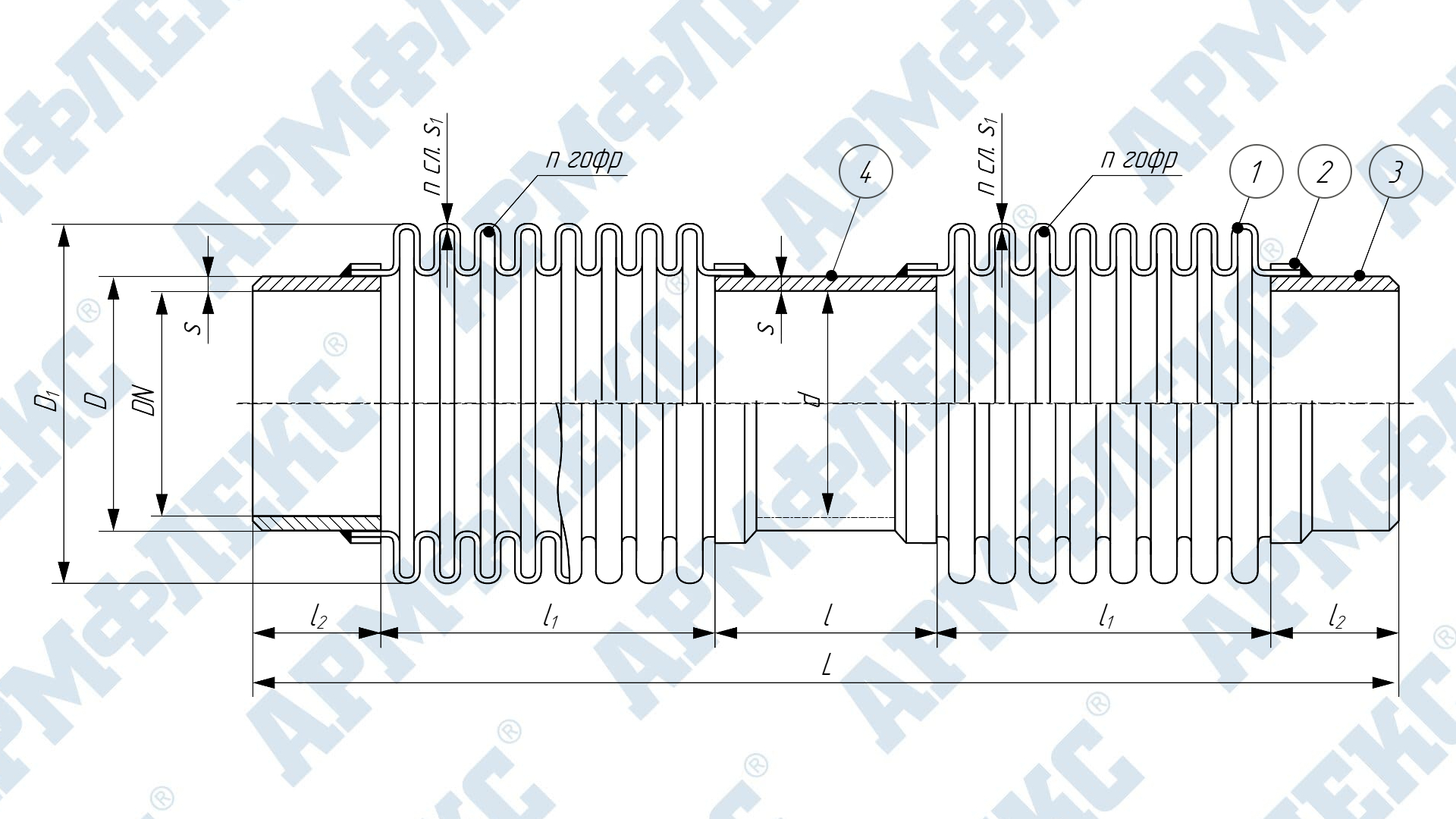 Чертеж компенсатора двухсекционного сильфонного сдвигового с патрубками под приварку 2КСС ARM П, Армфлекс Чертеж компенсатора двухсекционного сильфонного сдвигового с патрубками под приварку 2КСС ARM П, Армфлекс