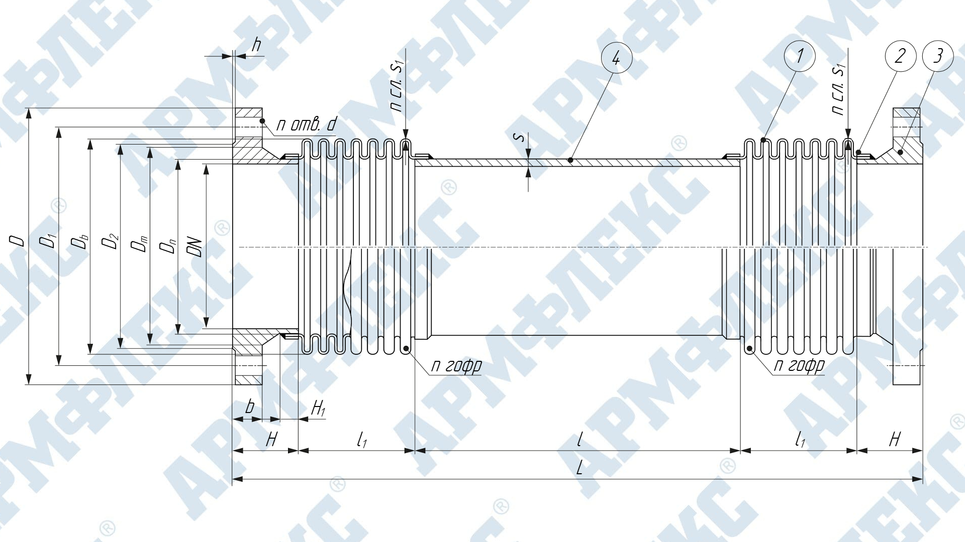 Чертеж компенсатора сильфонного сдвигового двухсекционного с воротниковыми фланцами 2КСС ARM Ф, Армфлекс Чертеж компенсатора сильфонного сдвигового двухсекционного с воротниковыми фланцами 2КСС ARM Ф, Армфлекс
