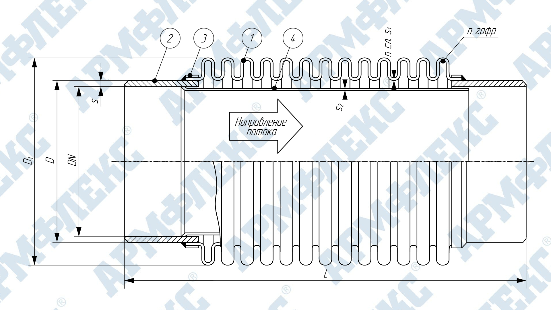 Чертеж компенсатора сильфонного сдвигового с патрубками под приварку КСС ARM П, Армфлекс Чертеж компенсатора сильфонного сдвигового с патрубками под приварку КСС ARM П, Армфлекс