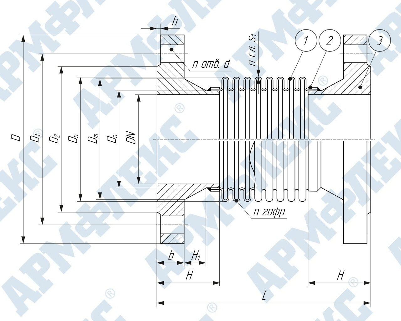 Чертеж компенсатора сильфонного сдвигового с воротниковыми фланцами КСС ARM Ф, Армфлекс Чертеж компенсатора сильфонного сдвигового с воротниковыми фланцами КСС ARM Ф, Армфлекс