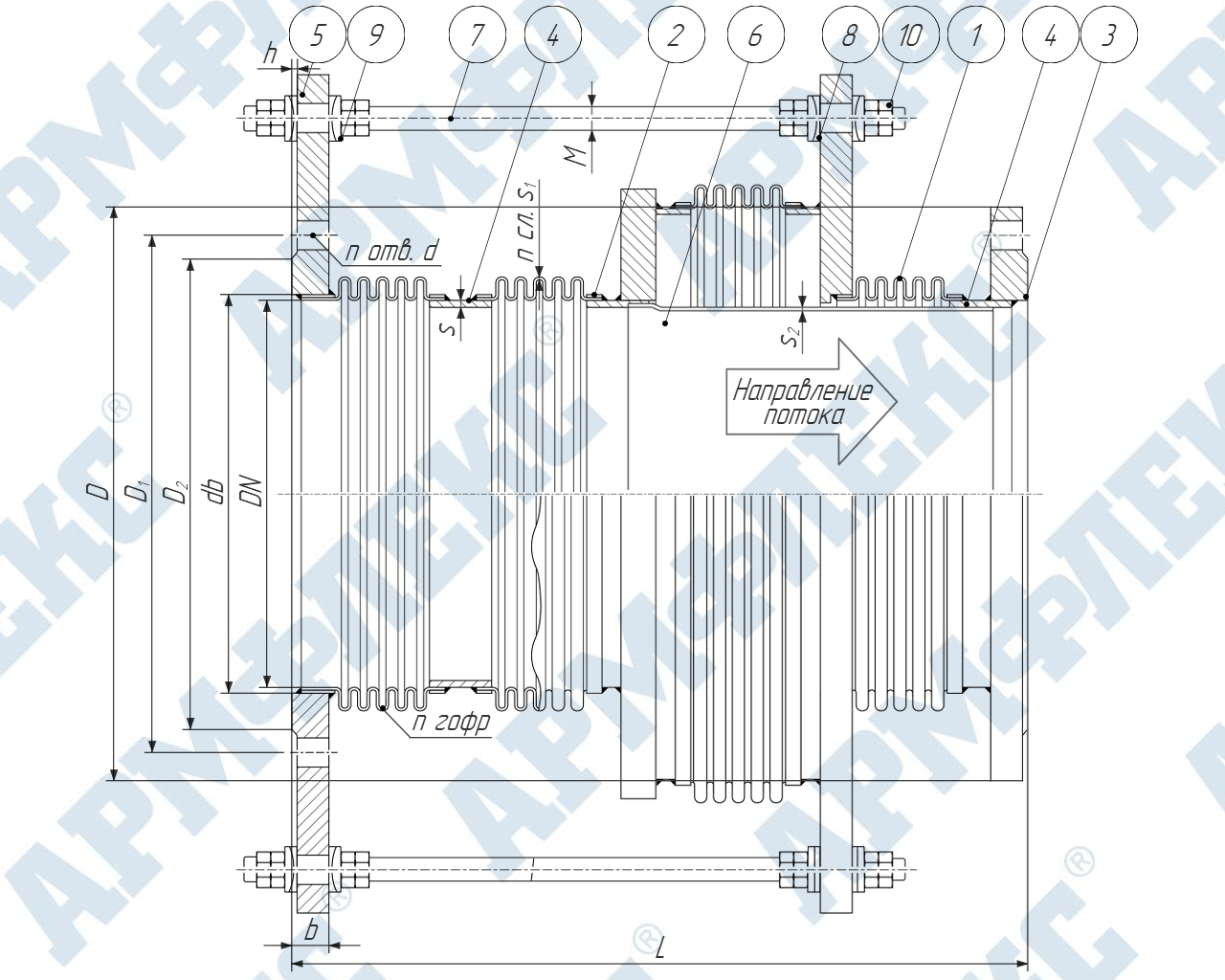 Чертеж компенсатора сильфонного универсального разгруженного четырехсекционного фланцевого 4КСУ ARM ФЭО, Армфлекс Чертеж компенсатора сильфонного универсального разгруженного четырехсекционного фланцевого 4КСУ ARM ФЭО, Армфлекс