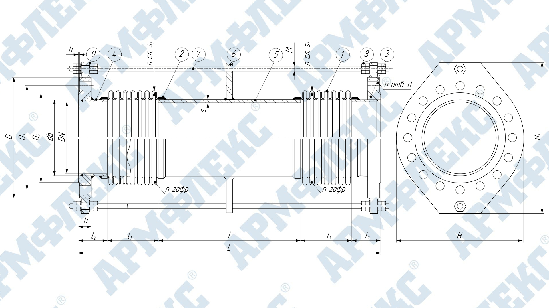 Чертеж компенсатора сильфонного универсального двухсекционного фланцевого с ограничительными шпильками 2КСУ ARM ФО, Армфлекс Чертеж компенсатора сильфонного универсального двухсекционного фланцевого с ограничительными шпильками 2КСУ ARM ФО, Армфлекс
