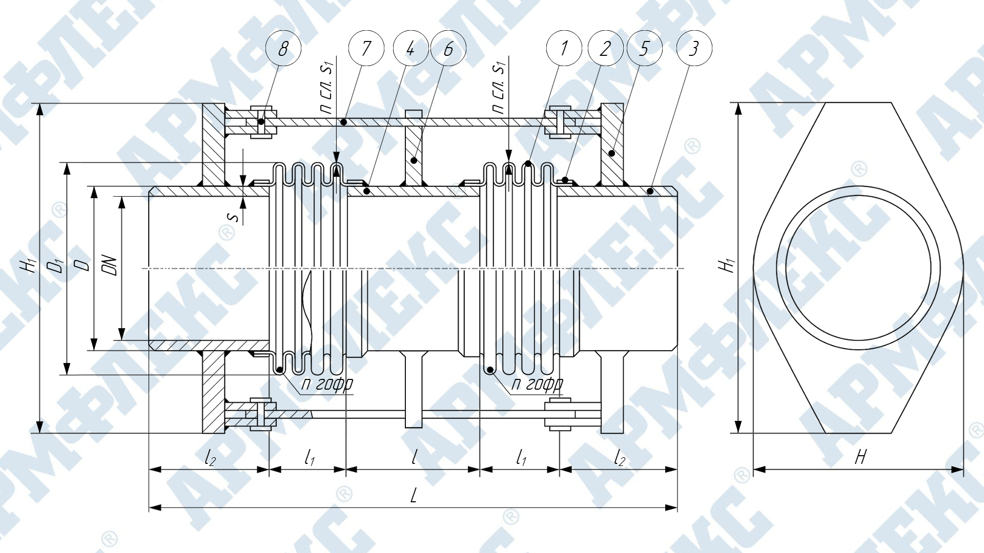 Чертеж компенсатора сильфонного универсального двухсекционного с патрубками под приварку с ограничительным устройством 2КСУ ARM ПО, Армфлекс Чертеж компенсатора сильфонного универсального двухсекционного с патрубками под приварку с ограничительным устройством 2КСУ ARM ПО, Армфлекс