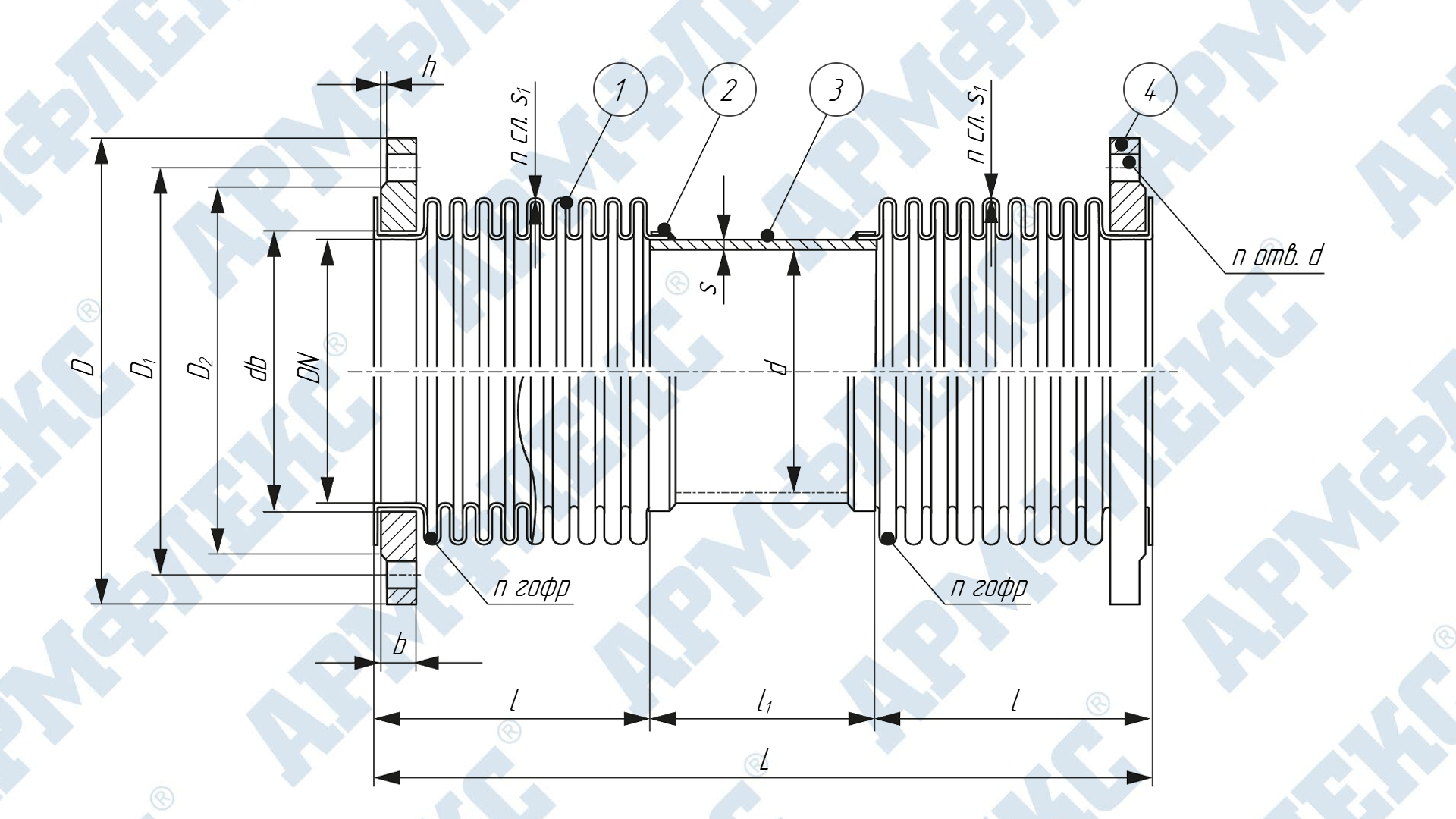 Чертеж компенсатора сильфонного универсального двухсекционного с поворотными фланцами 2КСУ ARM Ф, Армфлекс Чертеж компенсатора сильфонного универсального двухсекционного с поворотными фланцами 2КСУ ARM Ф, Армфлекс