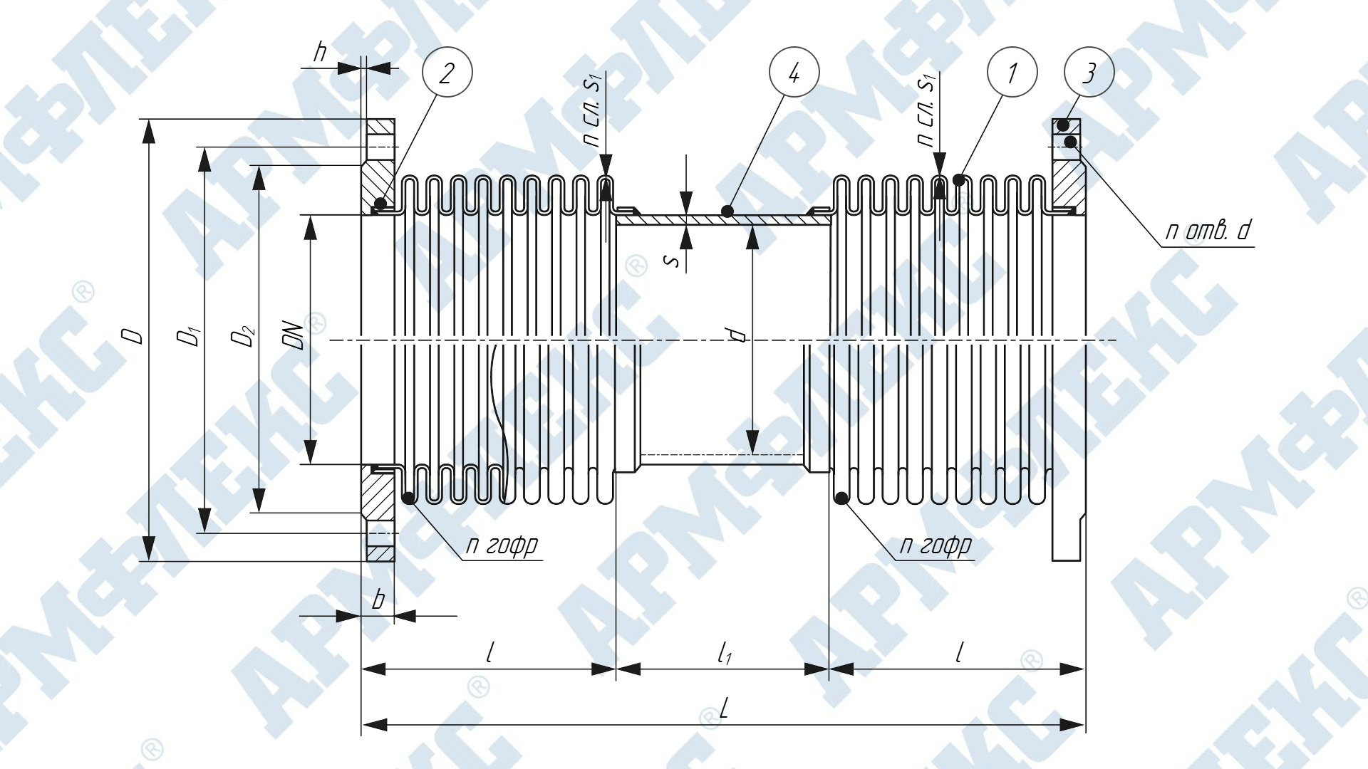 Чертеж компенсатора сильфонного универсального двухсекционного с приварными фланцами 2КСУ ARM Ф, Армфлекс Чертеж компенсатора сильфонного универсального двухсекционного с приварными фланцами 2КСУ ARM Ф, Армфлекс