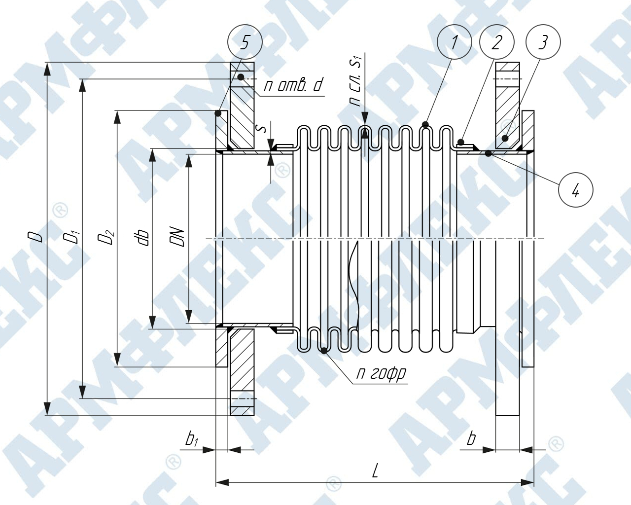 Чертеж компенсатора сильфонного универсального с поворотными фланцами на приварном кольце КСУ ARM Ф, Армфлекс Чертеж компенсатора сильфонного универсального с поворотными фланцами на приварном кольце КСУ ARM Ф, Армфлекс