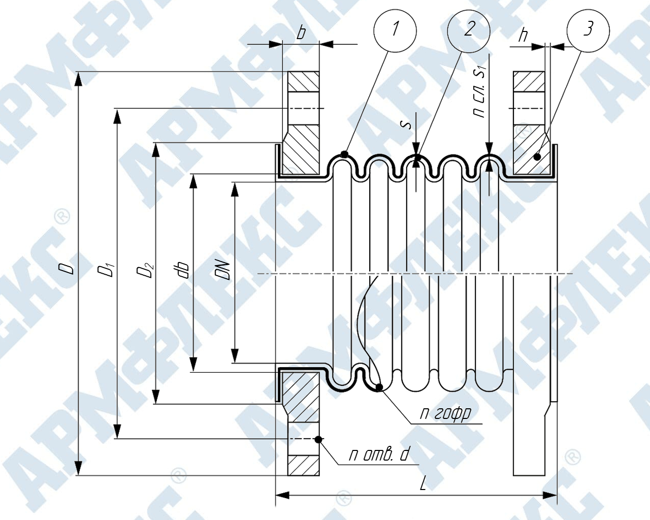 Чертеж компенсатора сильфонного универсального с футеровкой PTFE фланцевый КСУ ARM ФПП, Армфлекс Чертеж компенсатора сильфонного универсального с футеровкой PTFE фланцевый КСУ ARM ФПП, Армфлекс
