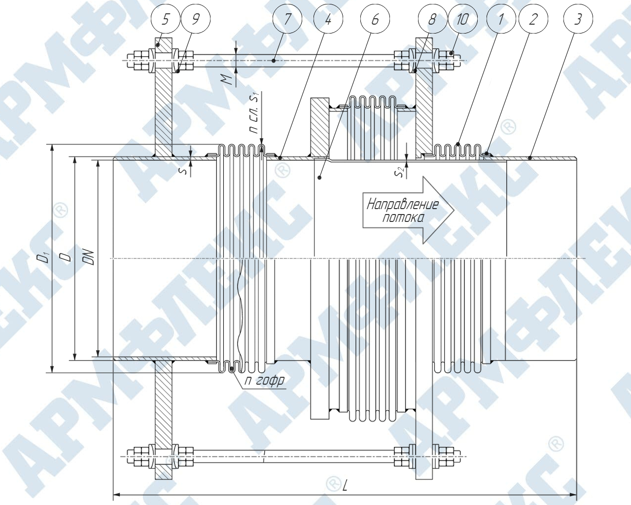Чертеж компенсатора сильфонного универсального разгруженного трехсекционного с патрубками под приварку 3КСУ ARM ПЭО, Армфлекс Чертеж компенсатора сильфонного универсального разгруженного трехсекционного с патрубками под приварку 3КСУ ARM ПЭО, Армфлекс