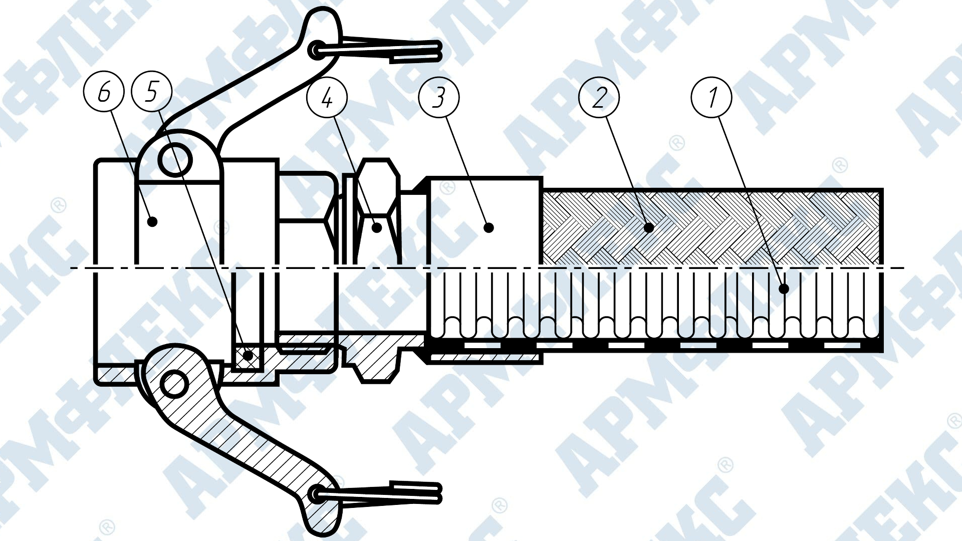 Чертеж металлорукава с быстроразъемным типом присоединения, Армфлекс Чертеж металлорукава с быстроразъемным типом присоединения, Армфлекс